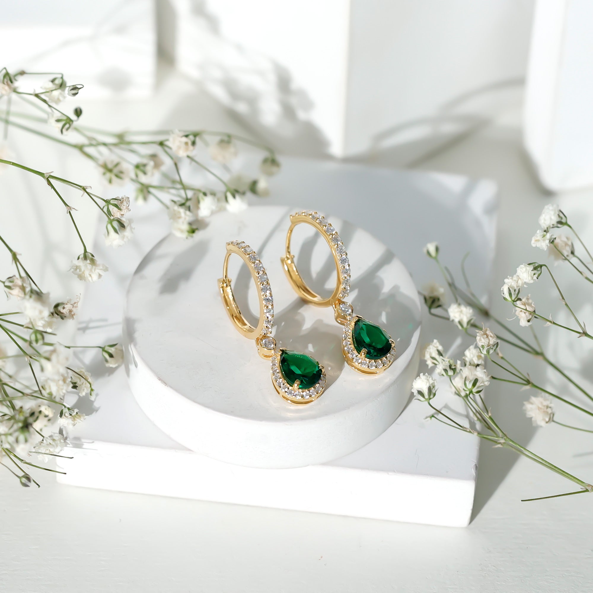 Pear Cut Lab Created Emerald Drop Earrings with Moissanite