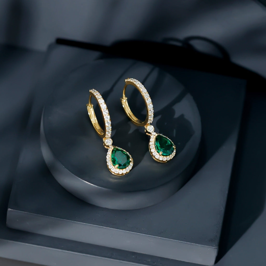 Pear Cut Lab Created Emerald Drop Earrings with Moissanite