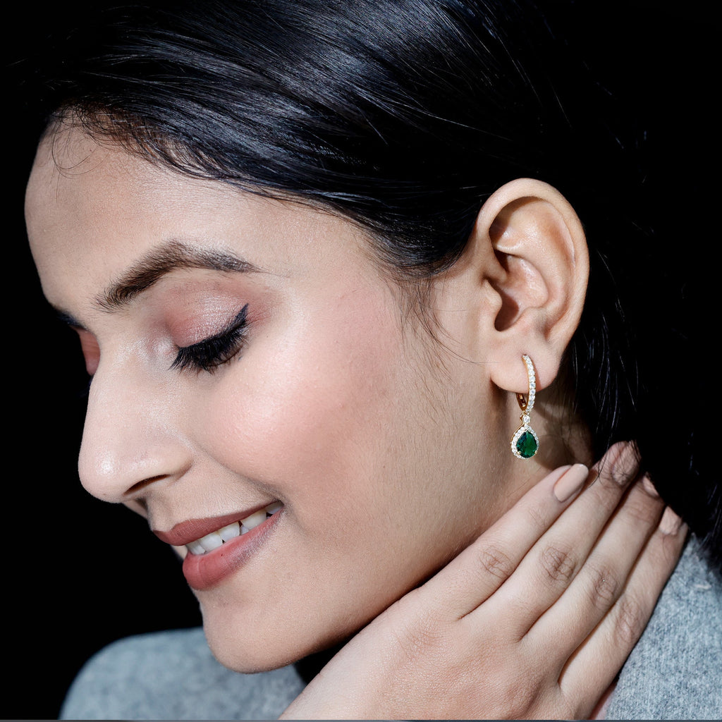 Pear Cut Lab Created Emerald Drop Earrings with Moissanite