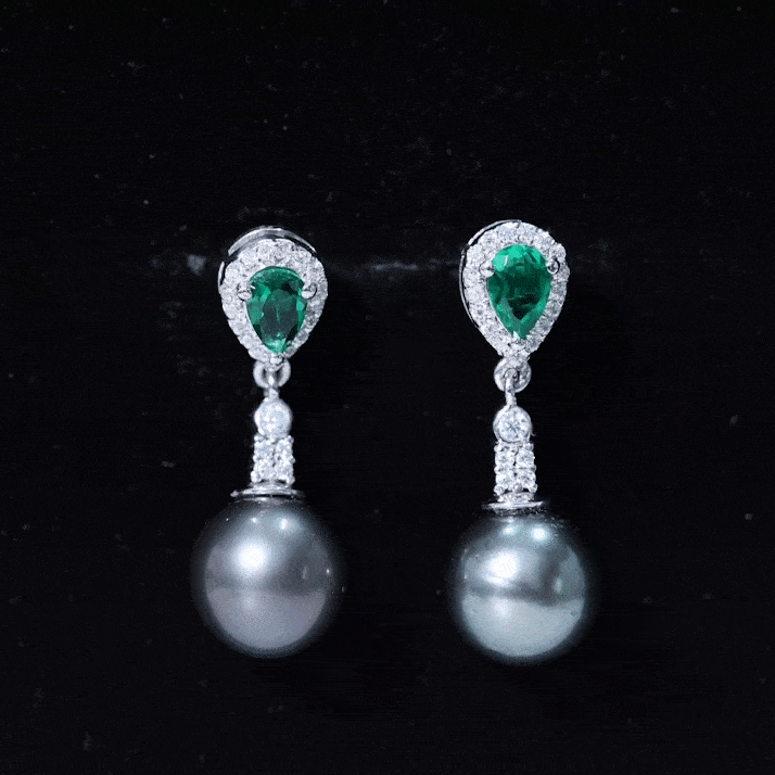 Genuine Black Pearl and Emerald Vintage Drop Earrings