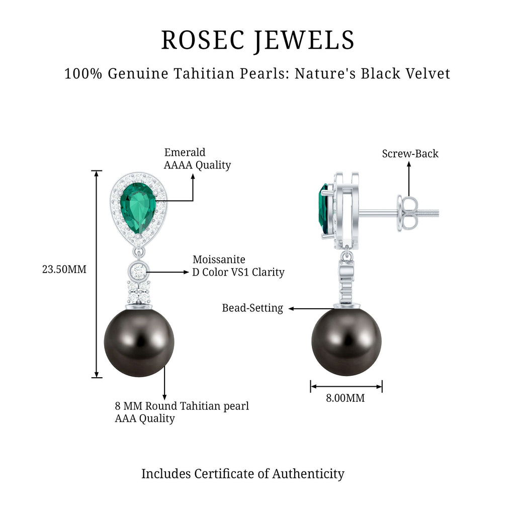 Genuine Black Pearl and Emerald Vintage Drop Earrings