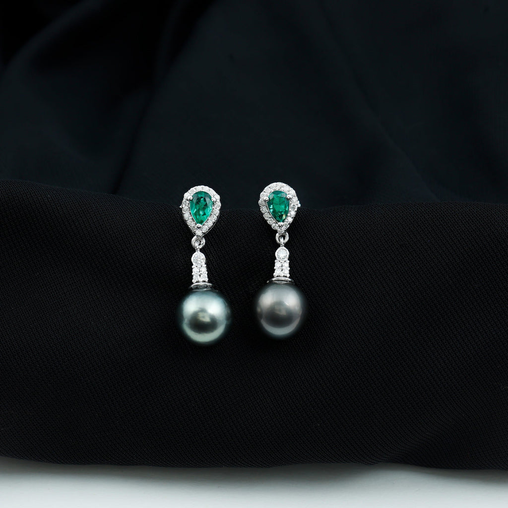 Genuine Black Pearl and Emerald Vintage Drop Earrings