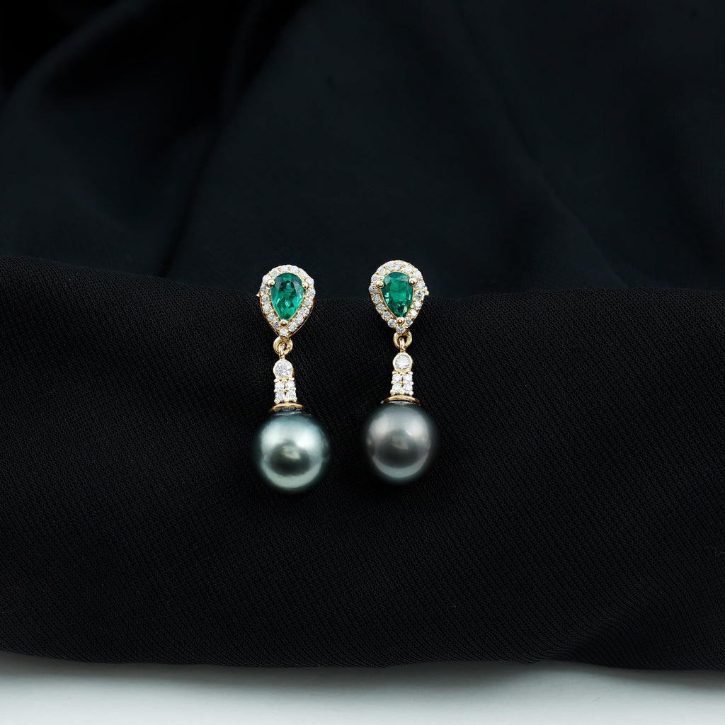 Genuine Black Pearl and Emerald Vintage Drop Earrings