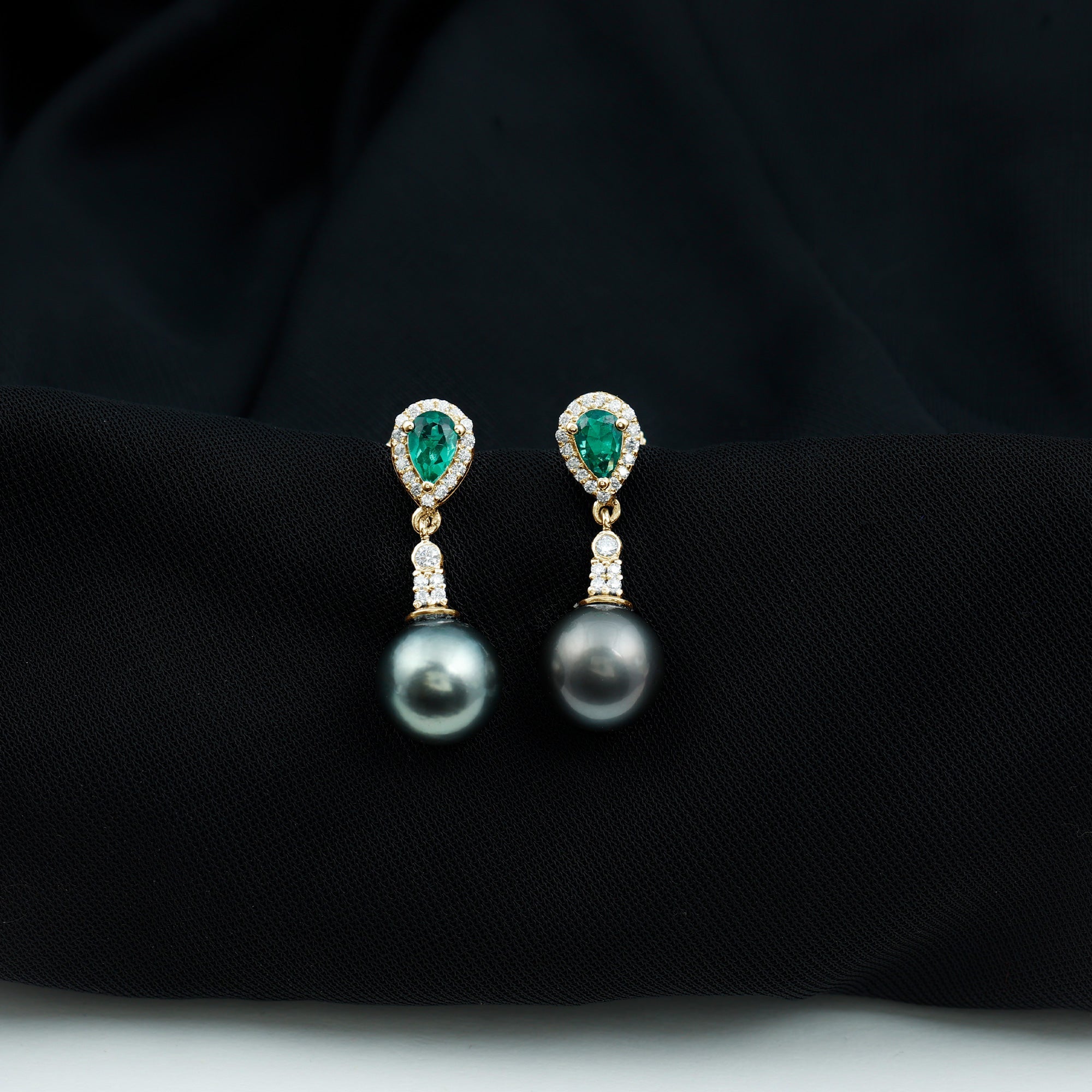 Genuine Black Pearl and Emerald Vintage Drop Earrings