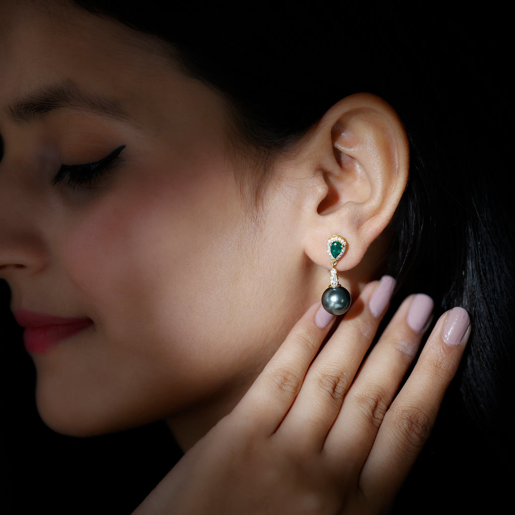 Genuine Black Pearl and Emerald Vintage Drop Earrings