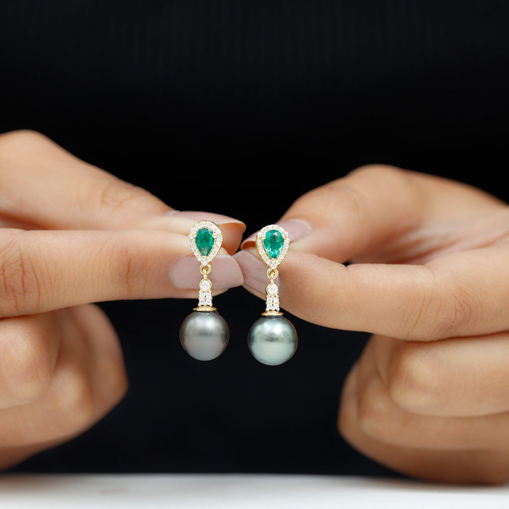 Genuine Black Pearl and Emerald Vintage Drop Earrings