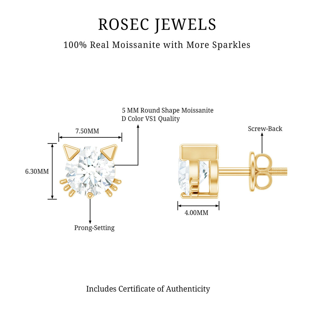 1 CT Solitaire Moissanite Cat Stud Earrings with Screw Back