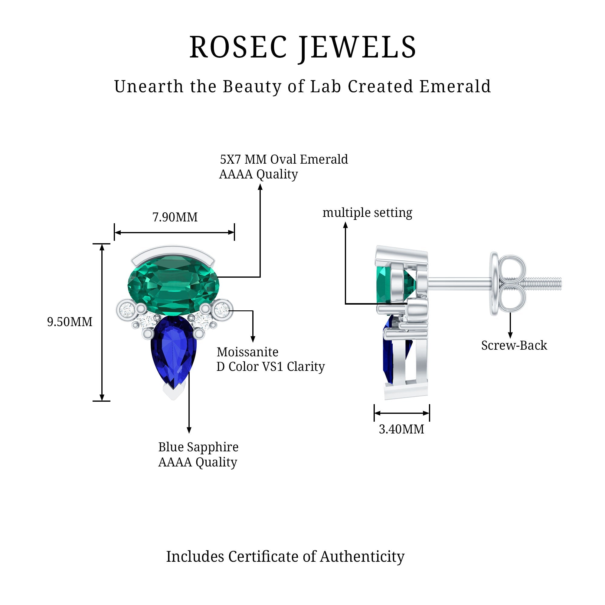 Lab Grown Emerald and Sapphire Vintage Stud Earrings