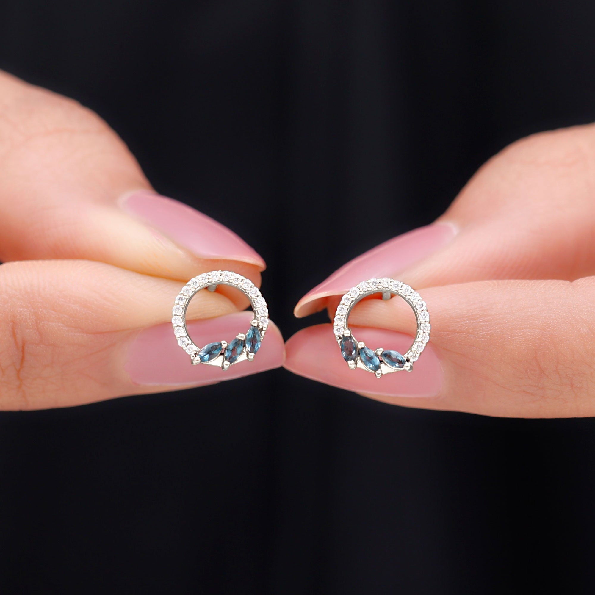 Marquise Cut London Blue Topaz and Diamond Eternity Stud Earrings