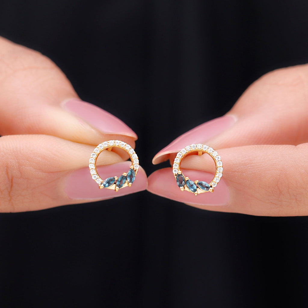 Marquise Cut London Blue Topaz and Diamond Eternity Stud Earrings