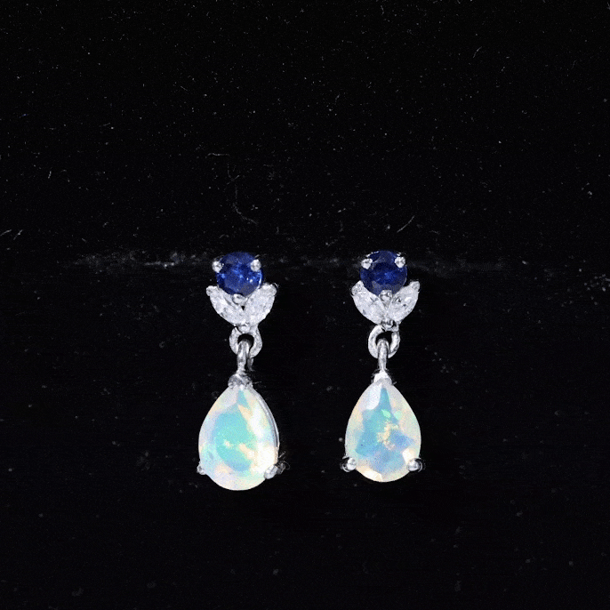 Ethiopian Opal and Created Blue Sapphire Dangle Earrings with Moissanite