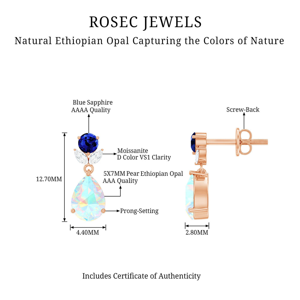 Ethiopian Opal and Created Blue Sapphire Dangle Earrings with Moissanite