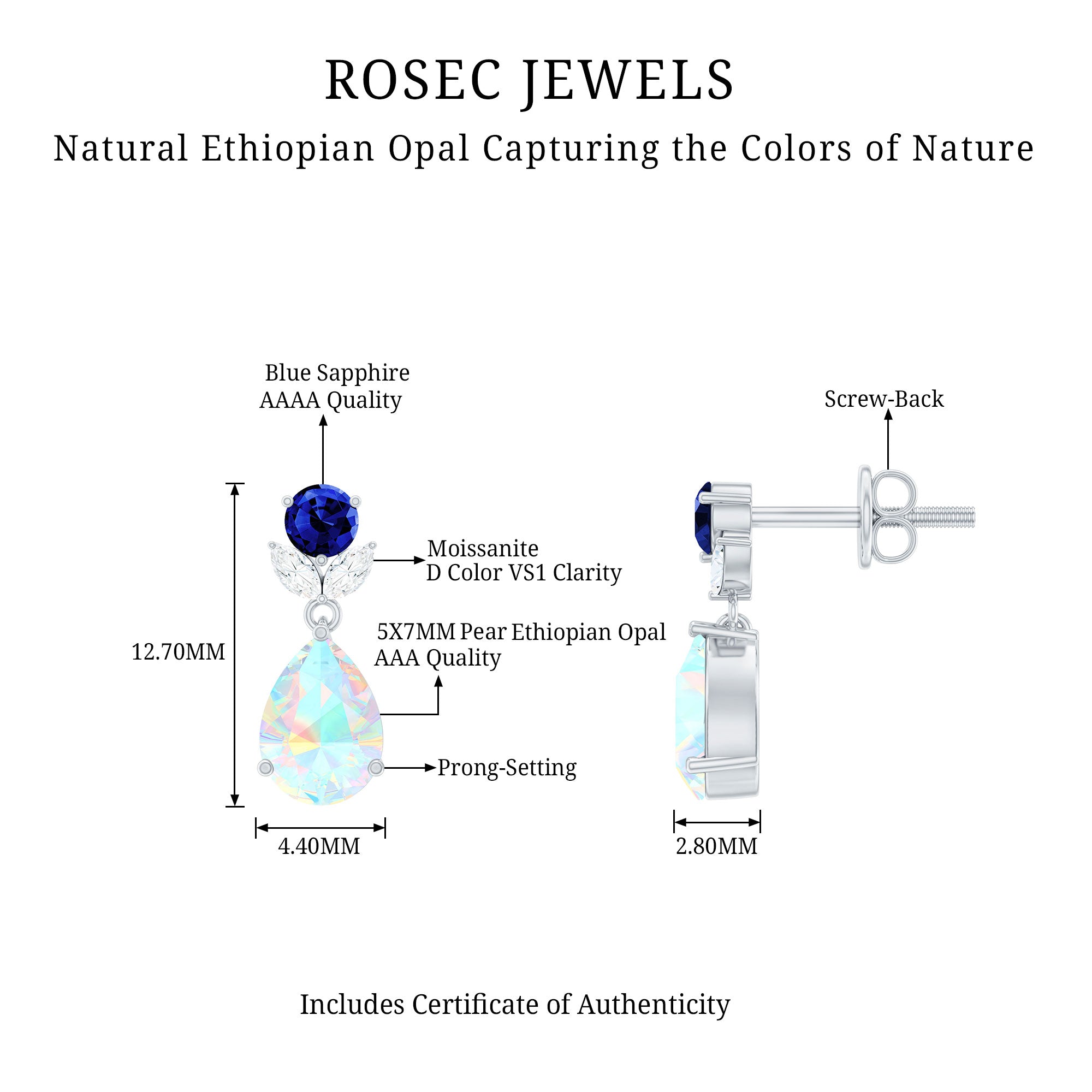 Ethiopian Opal and Created Blue Sapphire Dangle Earrings with Moissanite