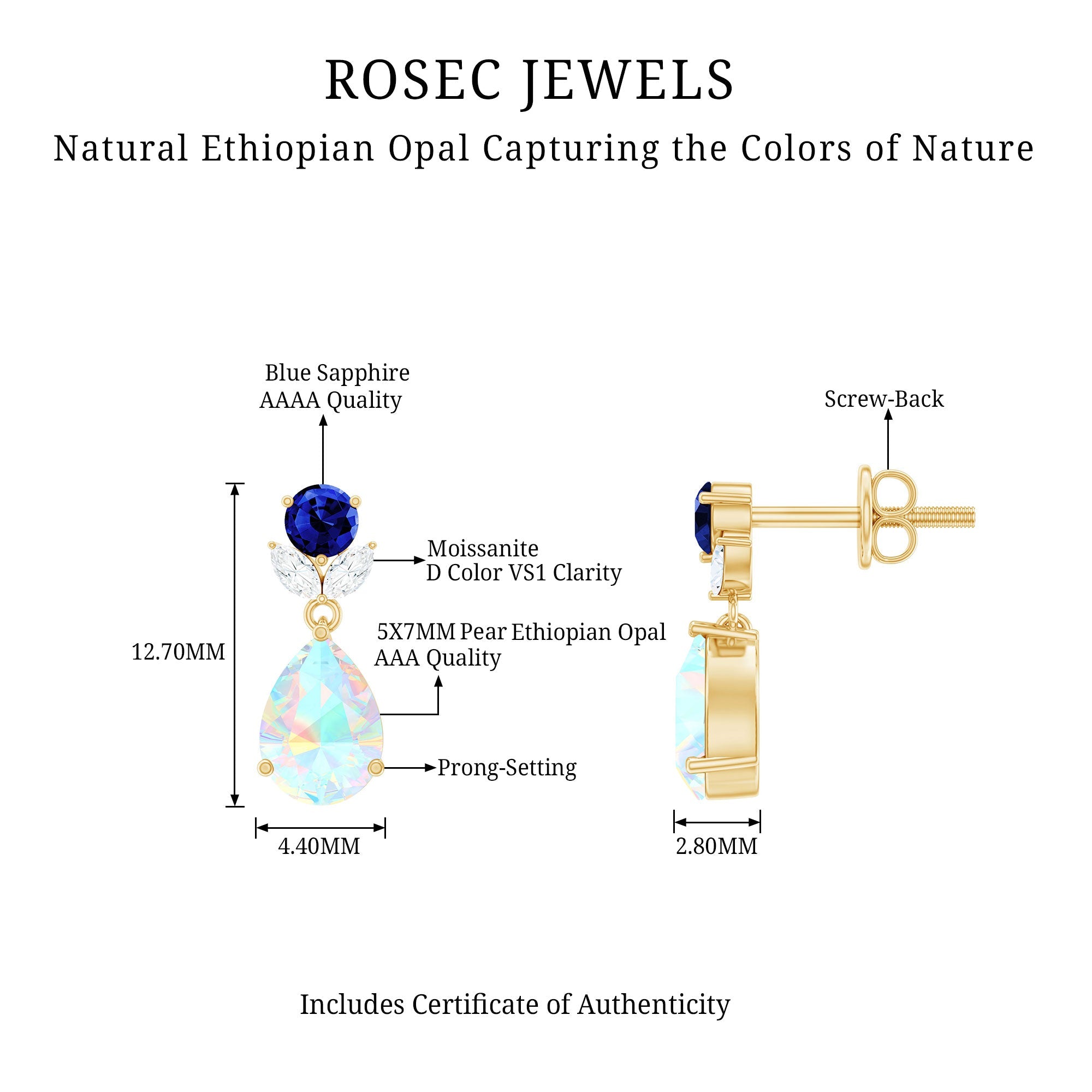 Ethiopian Opal and Created Blue Sapphire Dangle Earrings with Moissanite