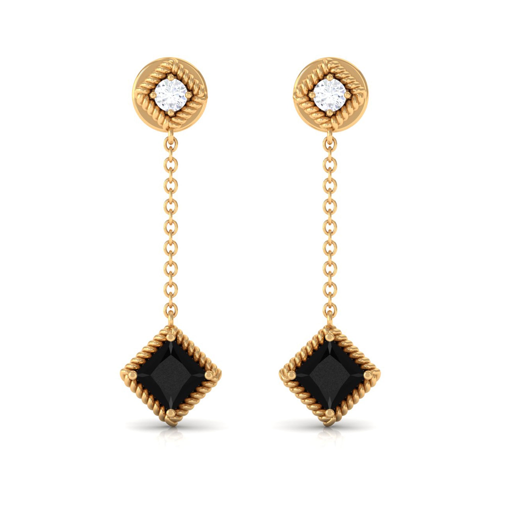 Natural Black Onyx Diamond Chain Dangle Earrings