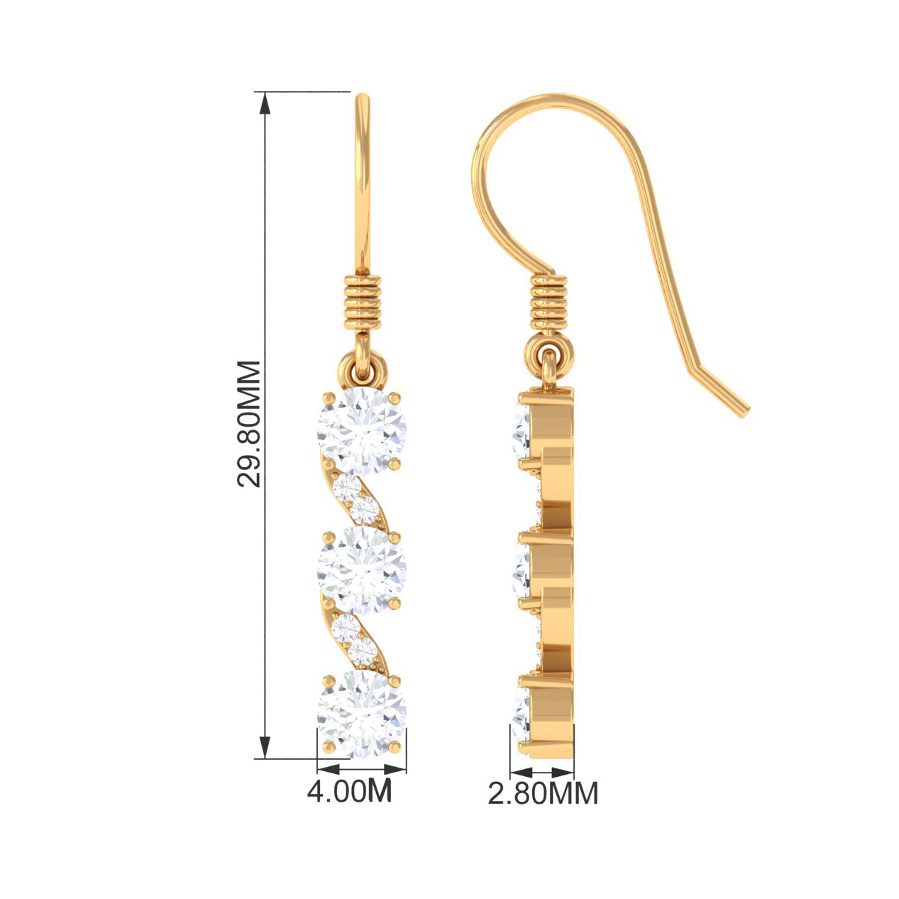 2 CT Round Moissanite Three Stone Dangle Drop Earrings
