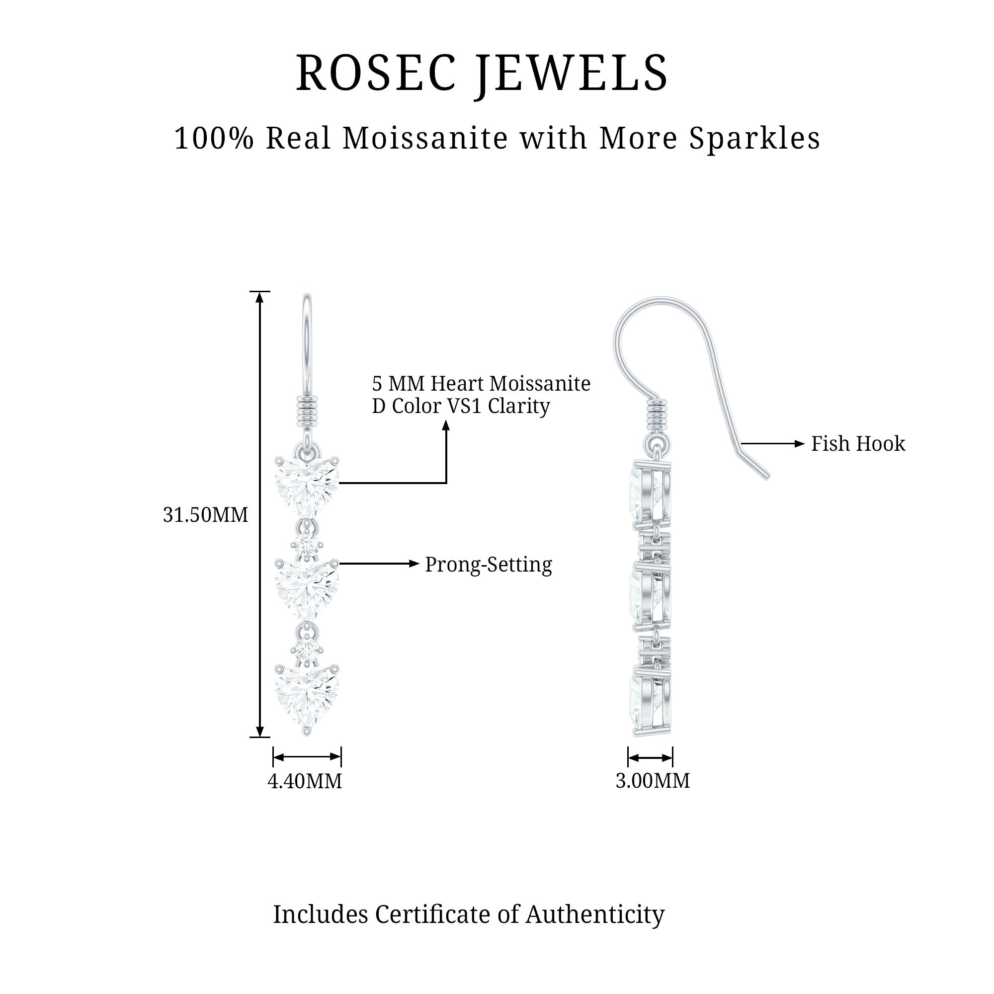 2 CT Heart and Round Shape Moissanite Dangle Earrings