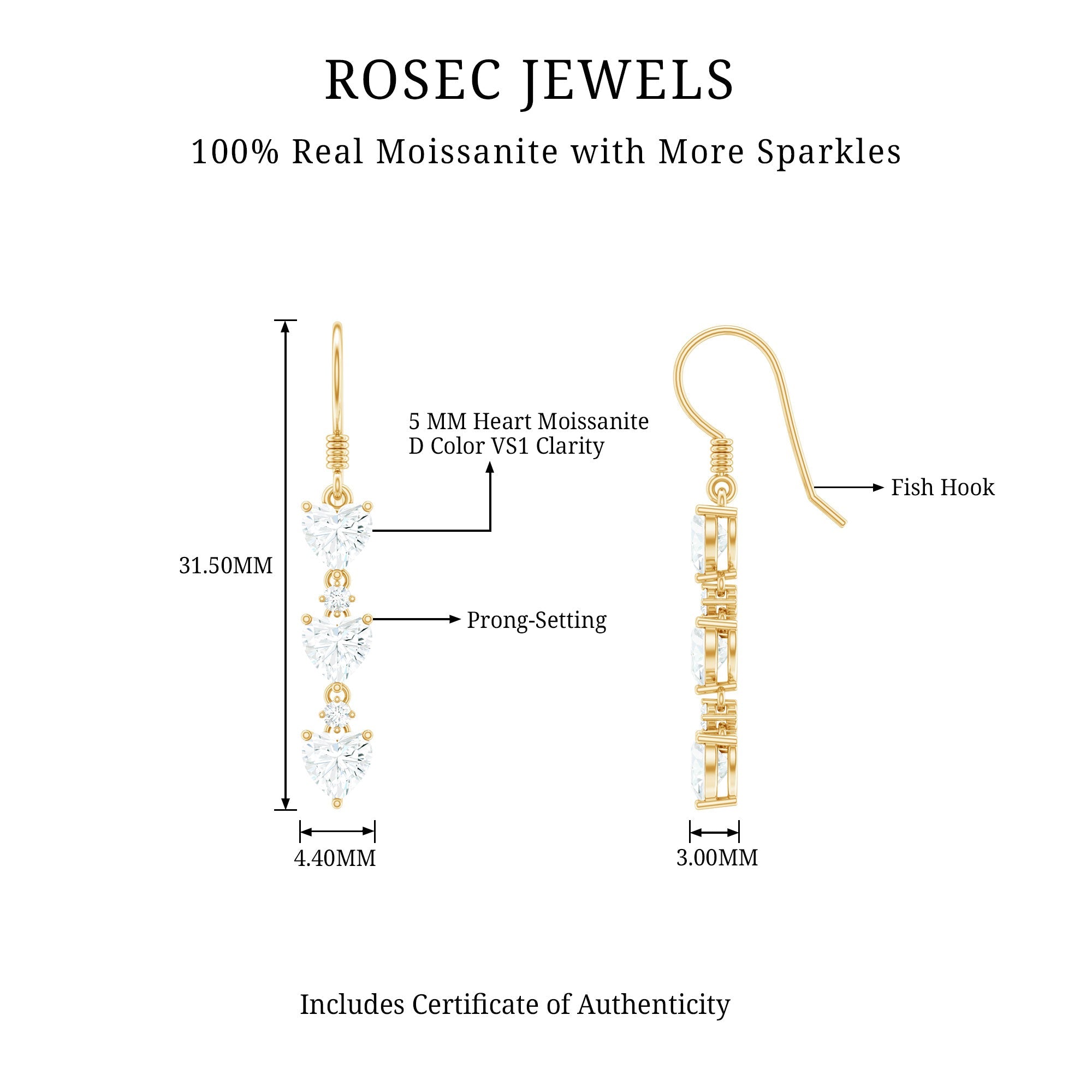 2 CT Heart and Round Shape Moissanite Dangle Earrings