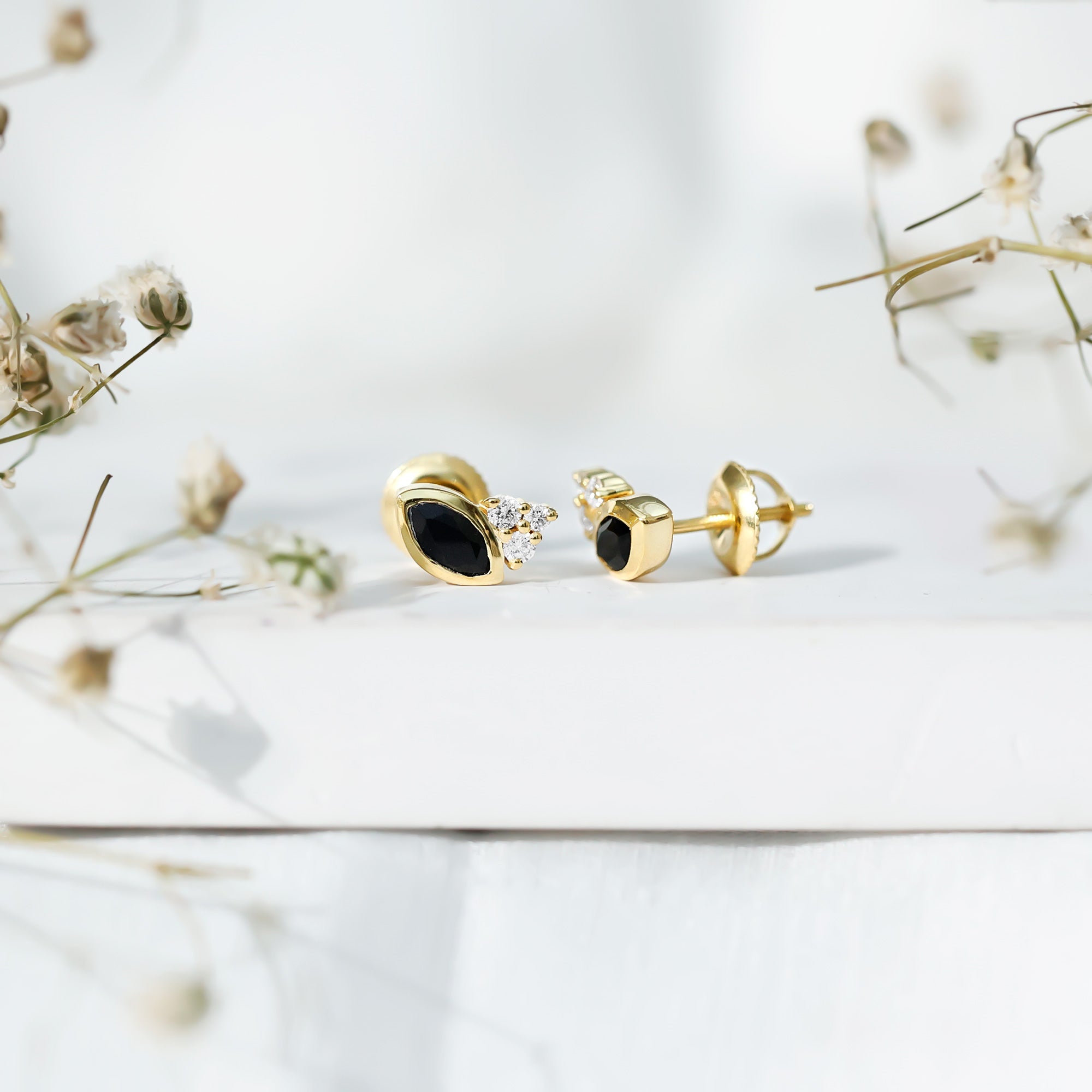 Natural Black Onyx Stud Earrings with Diamond Trio