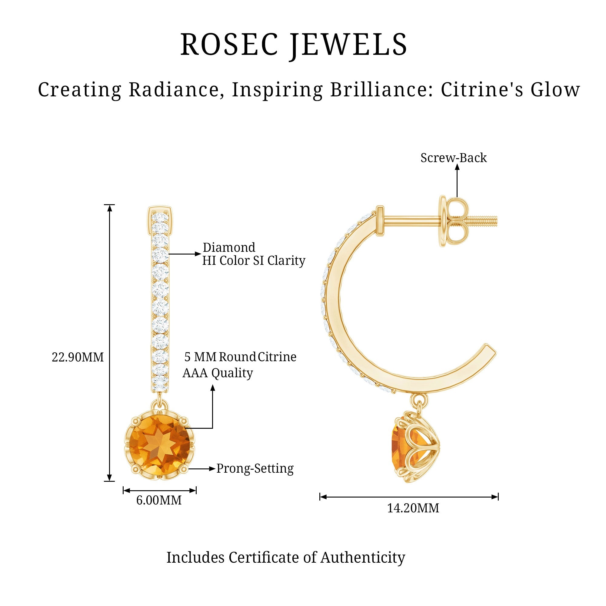 Natural Citrine Diamond Drop Hoop Earrings with Screw Back