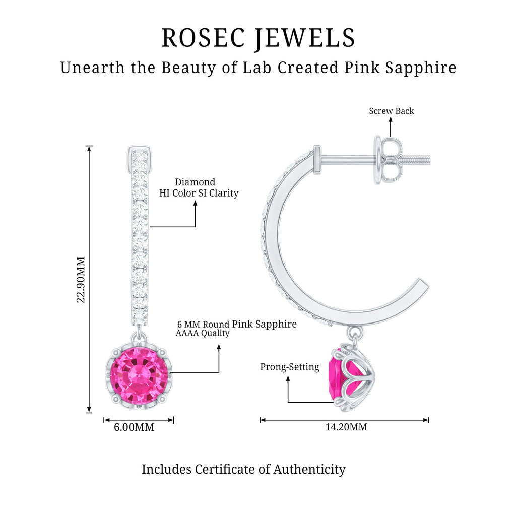 Lab Created Pink Sapphire and Diamond Hoop Drop Earrings