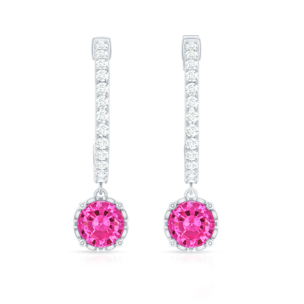 Lab Created Pink Sapphire and Diamond Hoop Drop Earrings
