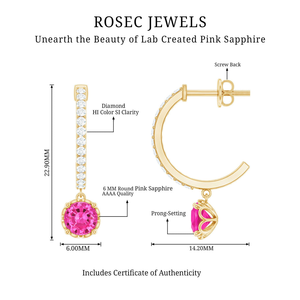 Lab Created Pink Sapphire and Diamond Hoop Drop Earrings