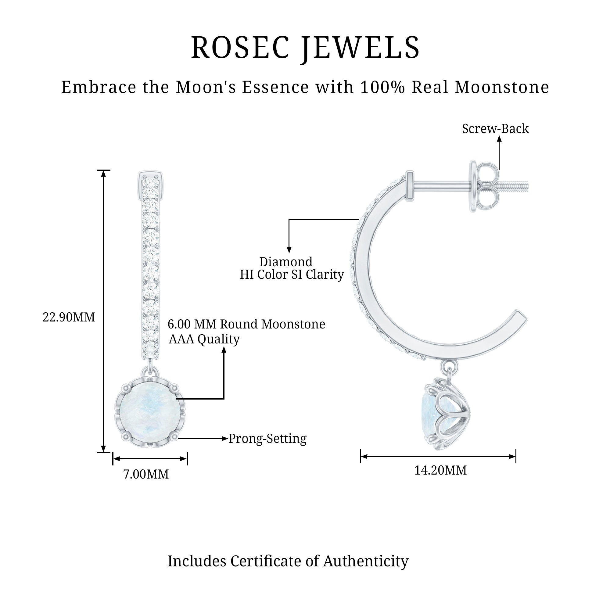 Natural Moonstone Drop Earrings with Diamond Hoop