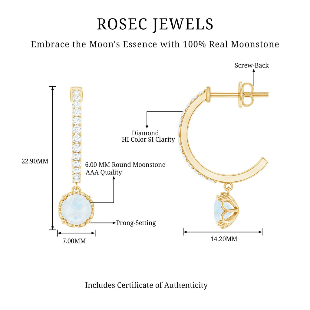 Natural Moonstone Drop Earrings with Diamond Hoop