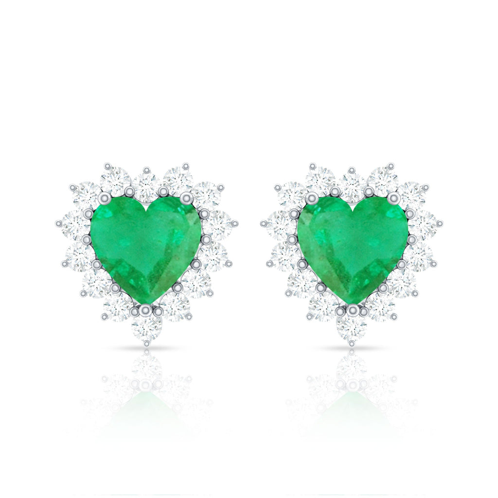 Natural Emerald Heart Stud Earrings with Diamond Halo