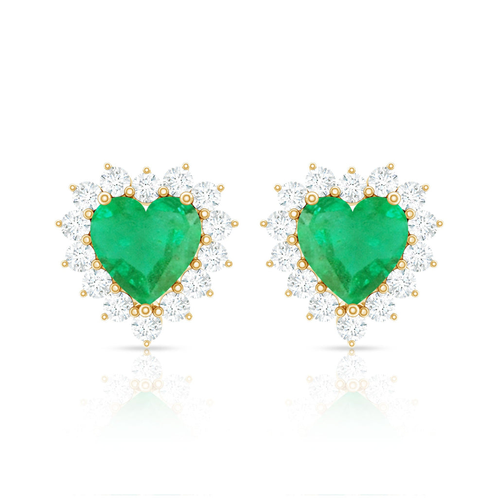 Natural Emerald Heart Stud Earrings with Diamond Halo