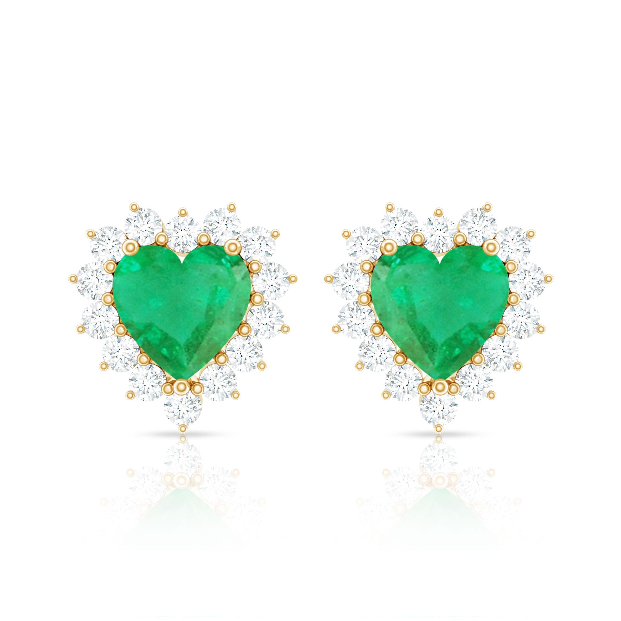 Natural Emerald Heart Stud Earrings with Diamond Halo