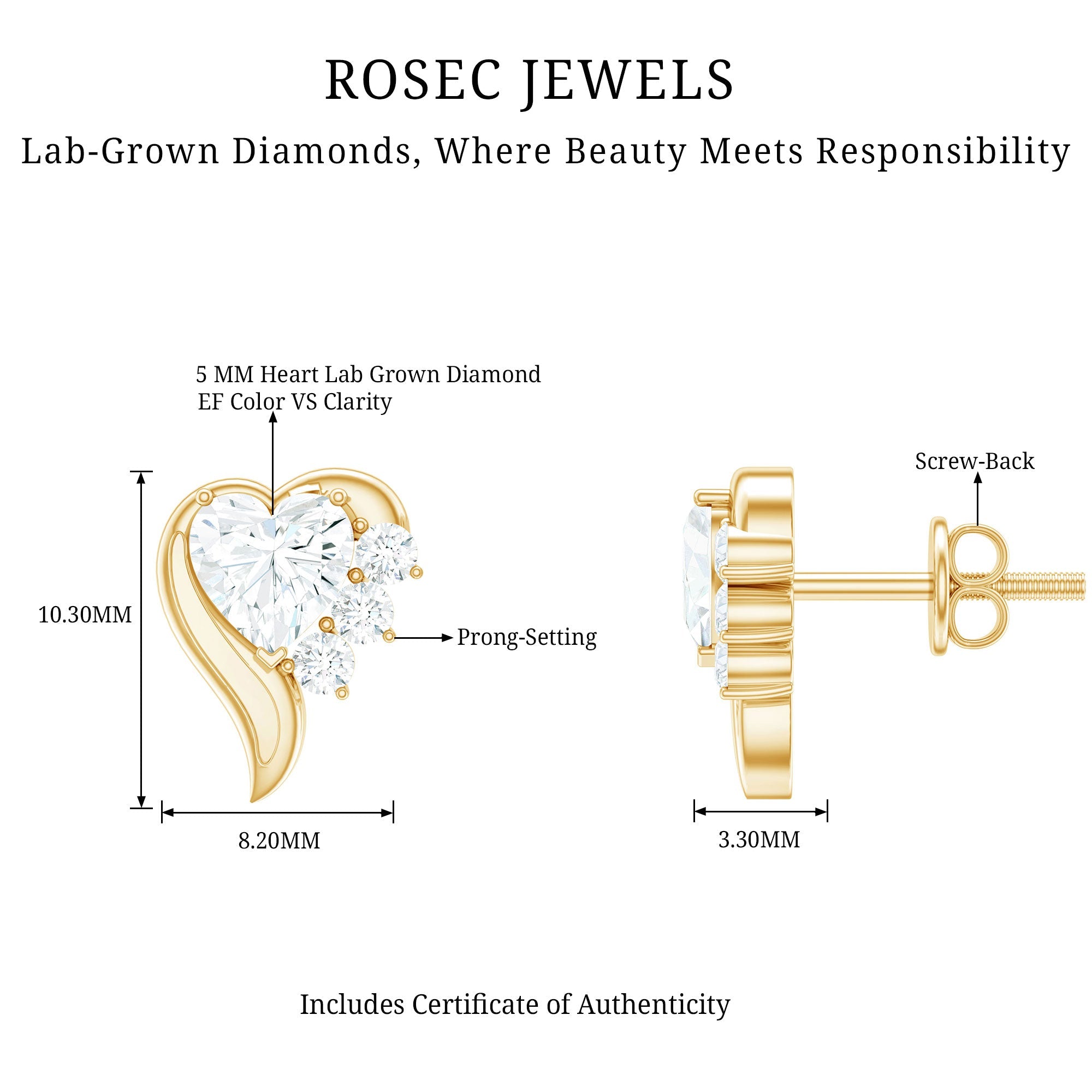 Heart Shape Lab Grown Diamond Minimal Stud Earrings with Screw Back