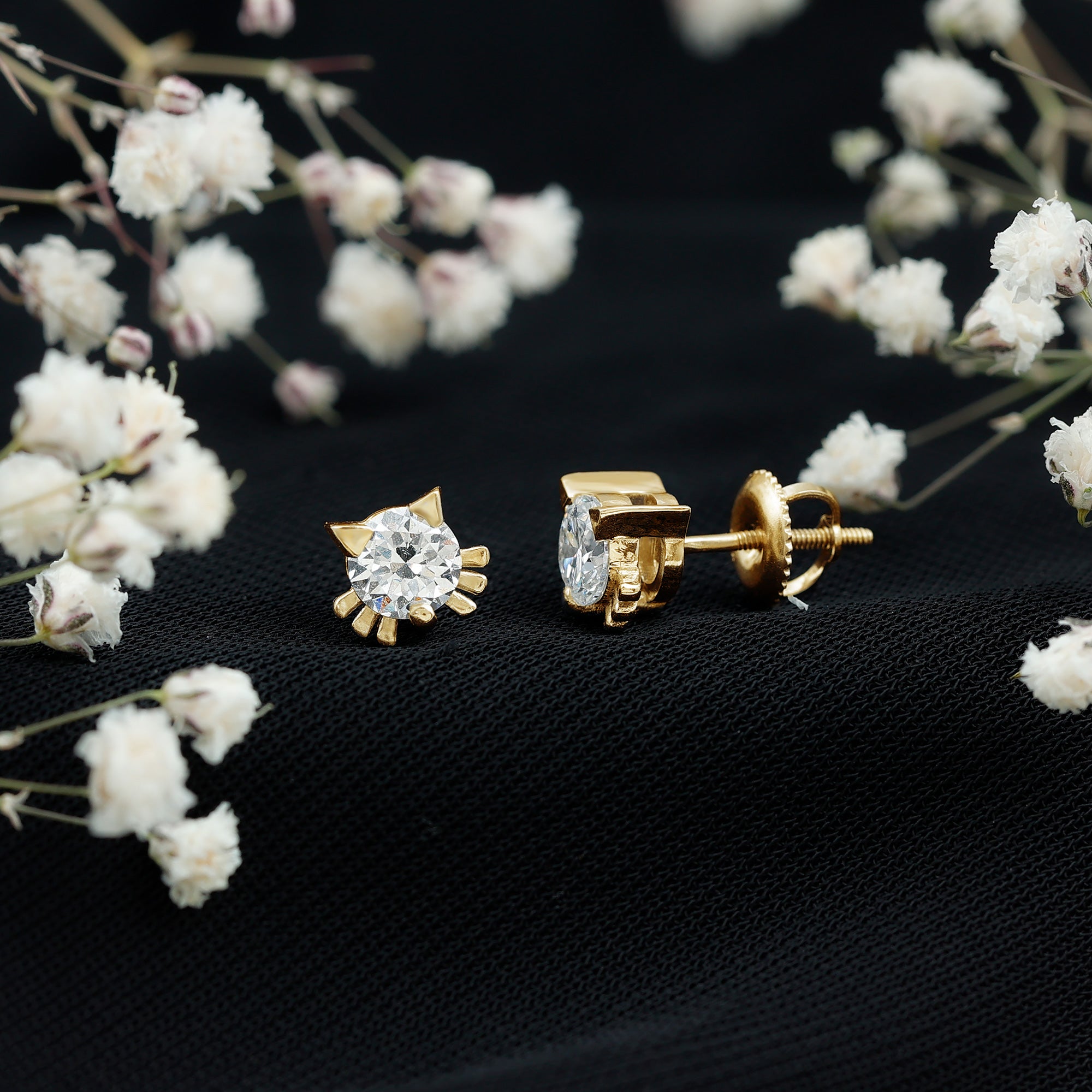 Cute Cat Stud Earrings with Lab Grown Diamond