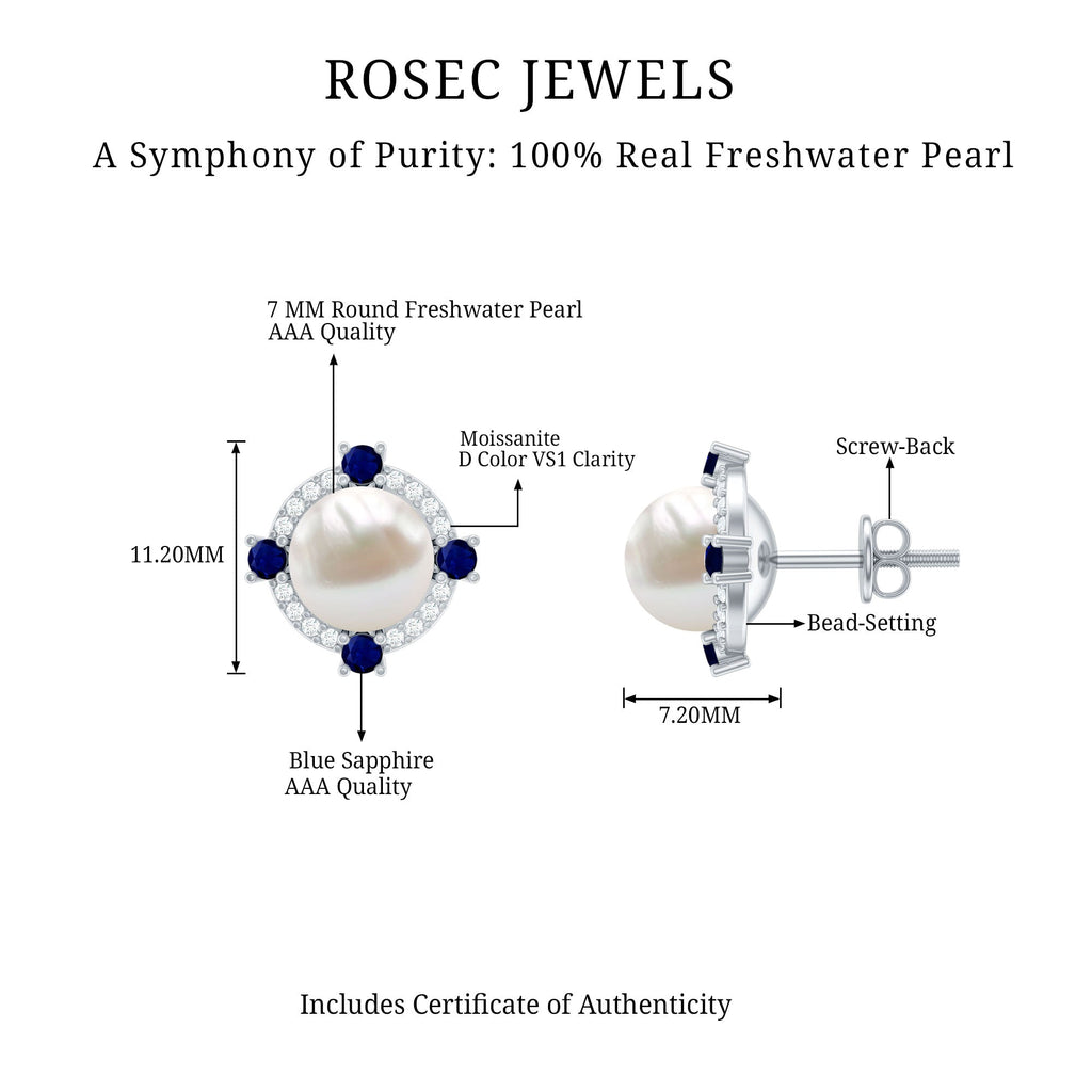 Certified Cultured Pearl and Sapphire Bridal Stud Earrings