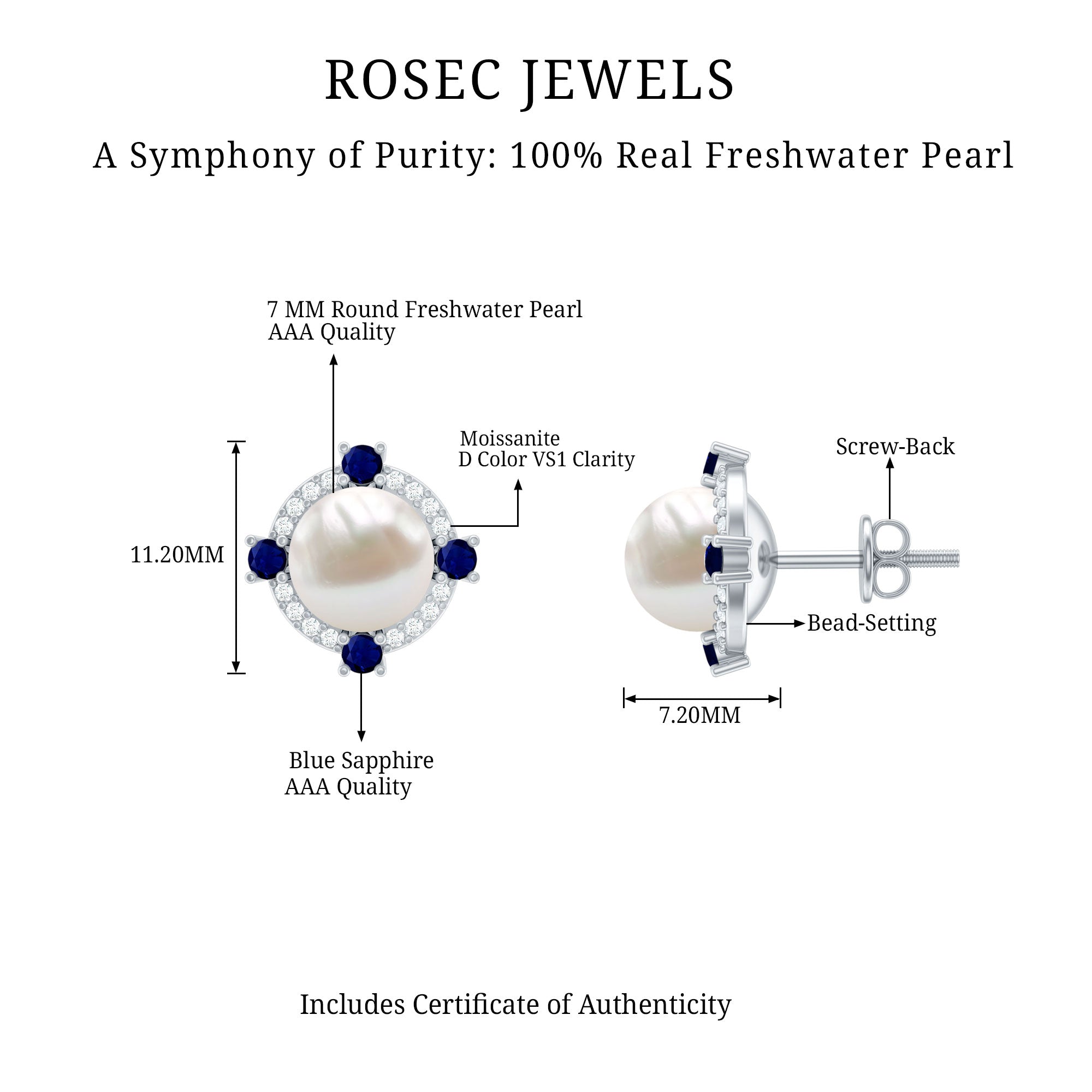 Certified Cultured Pearl and Sapphire Bridal Stud Earrings