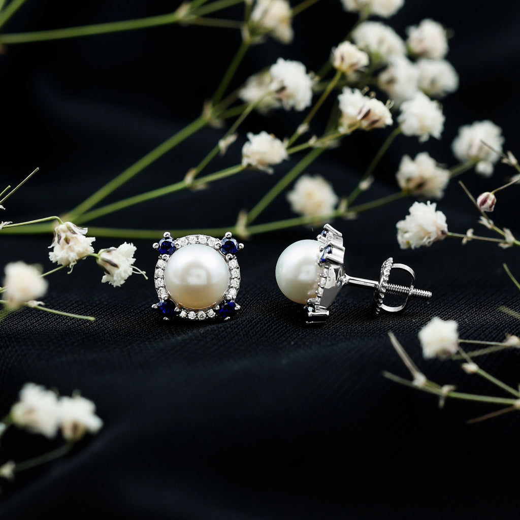 Certified Cultured Pearl and Sapphire Bridal Stud Earrings