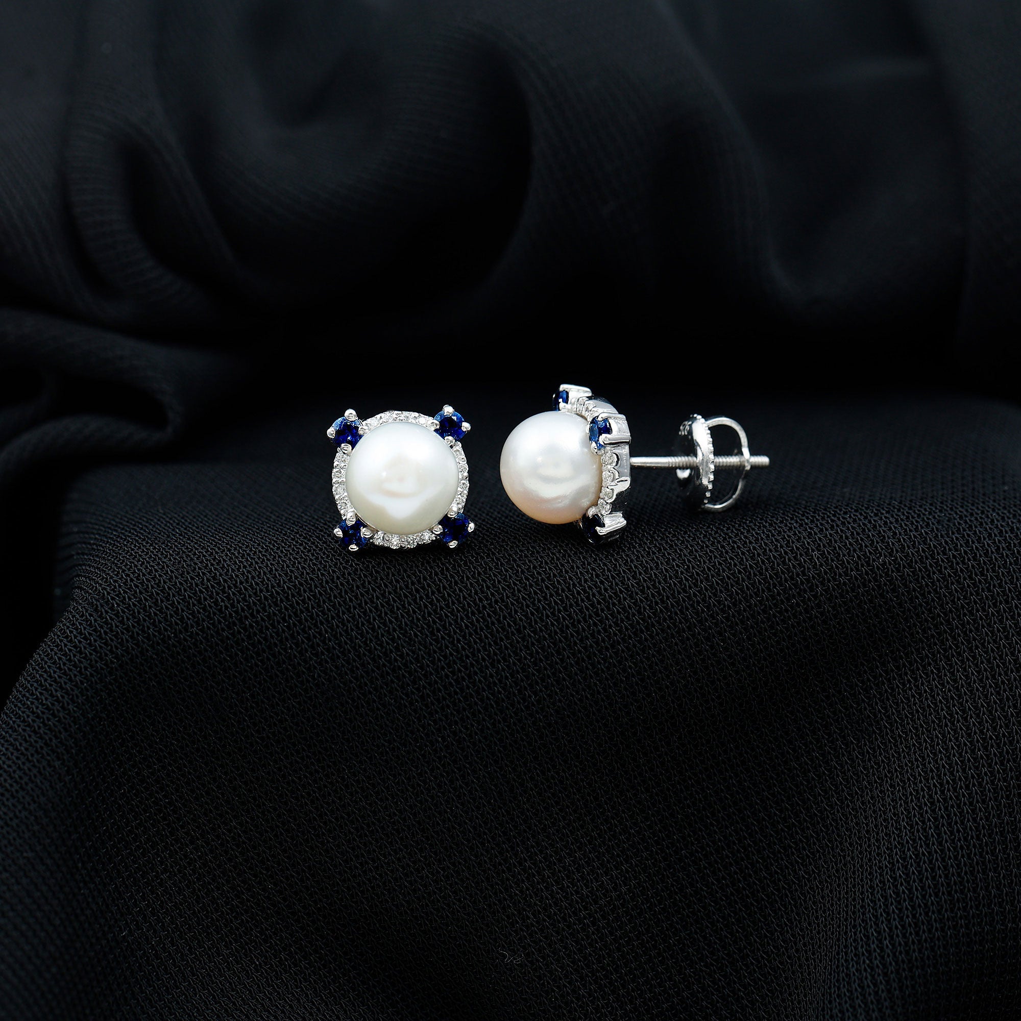 Certified Cultured Pearl and Sapphire Bridal Stud Earrings
