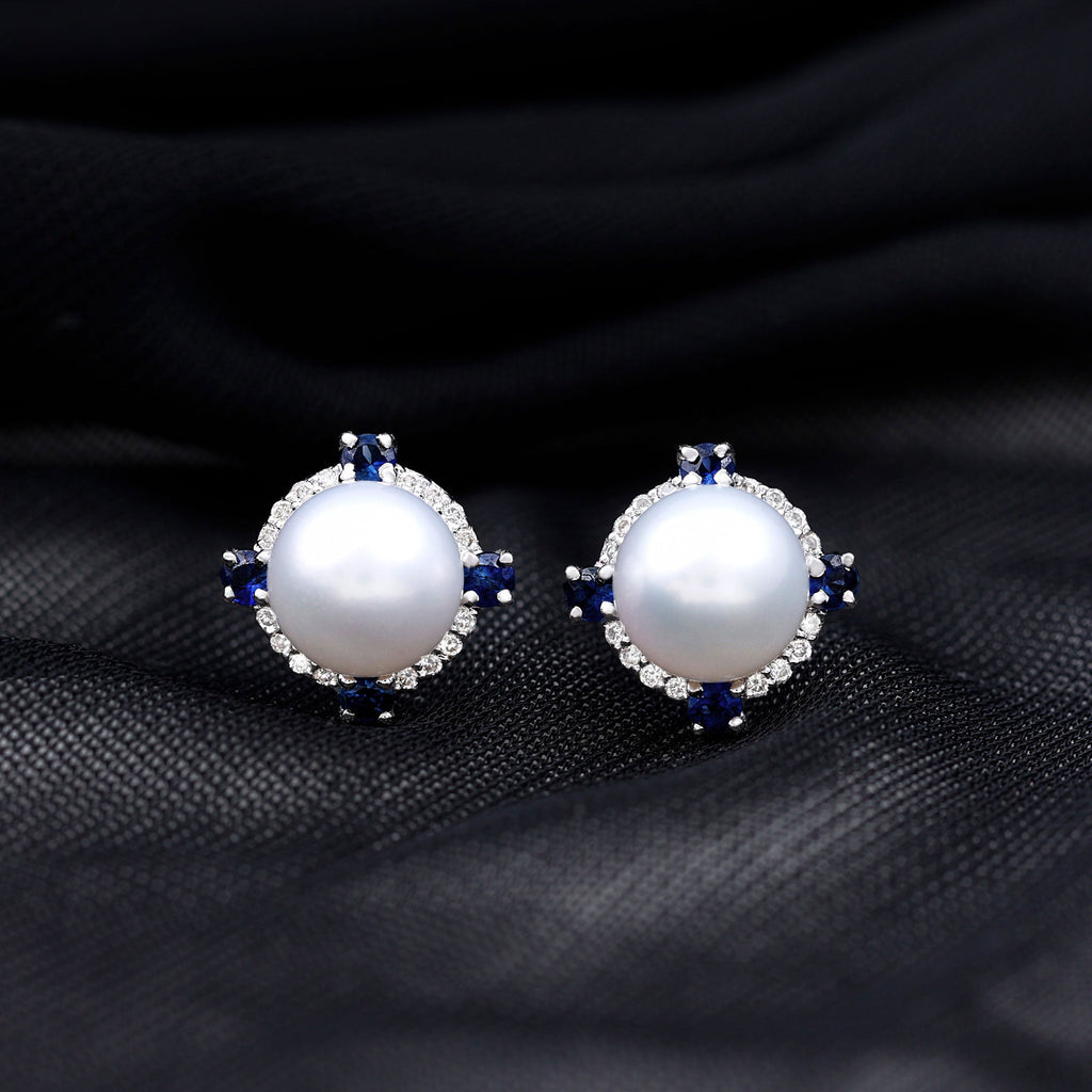Certified Cultured Pearl and Sapphire Bridal Stud Earrings