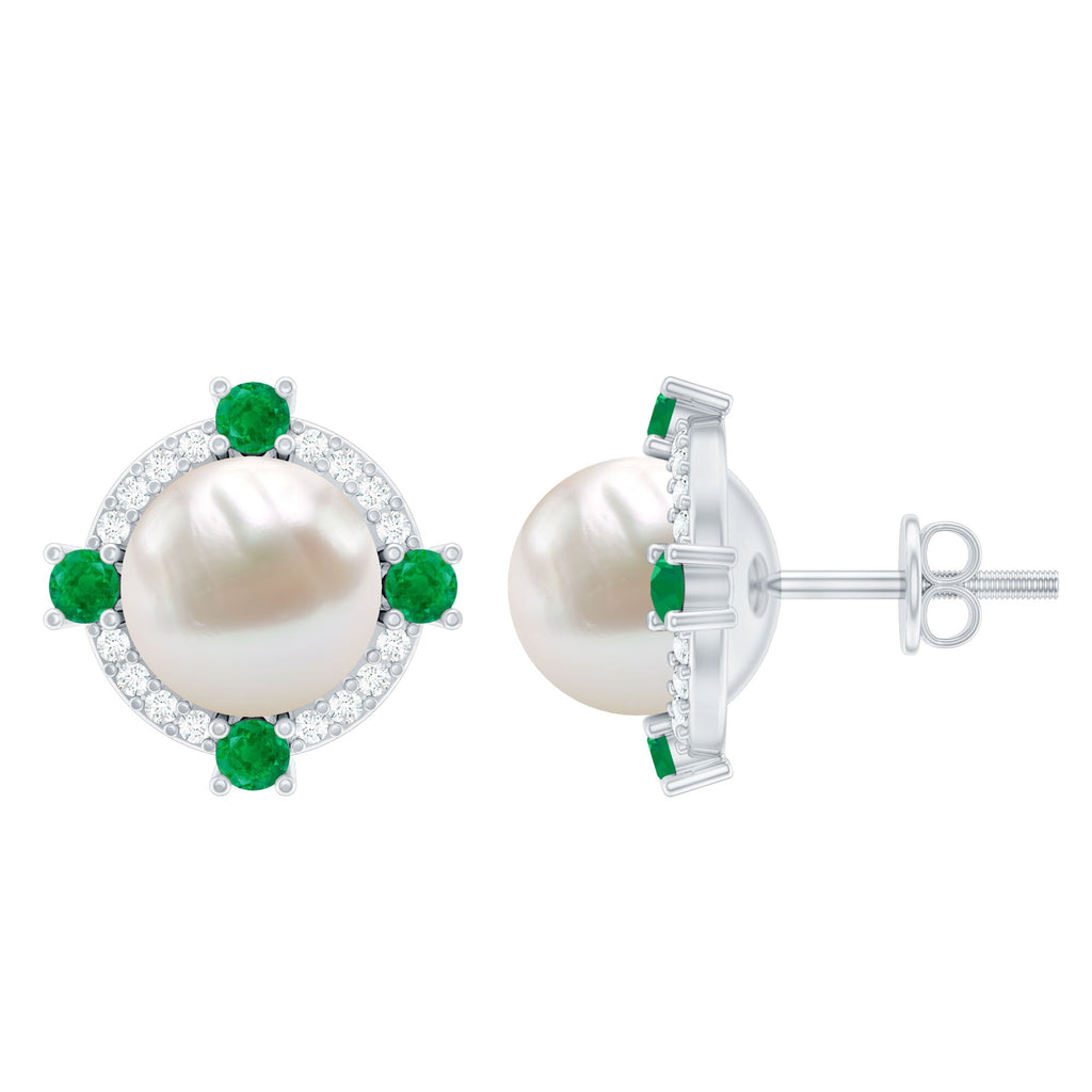 Freshwater Pearl Bridal Stud Earrings with Emerald