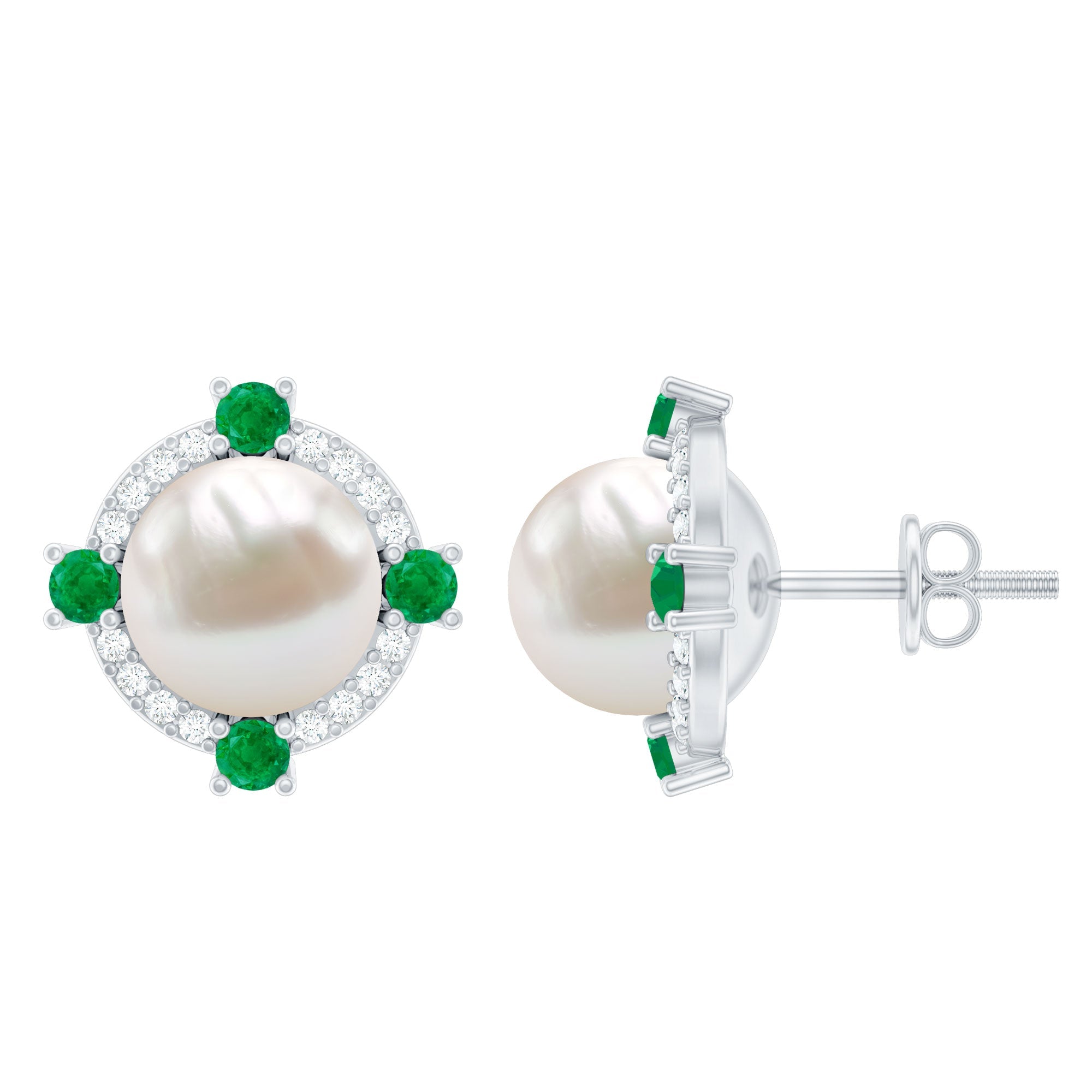 Freshwater Pearl Bridal Stud Earrings with Emerald