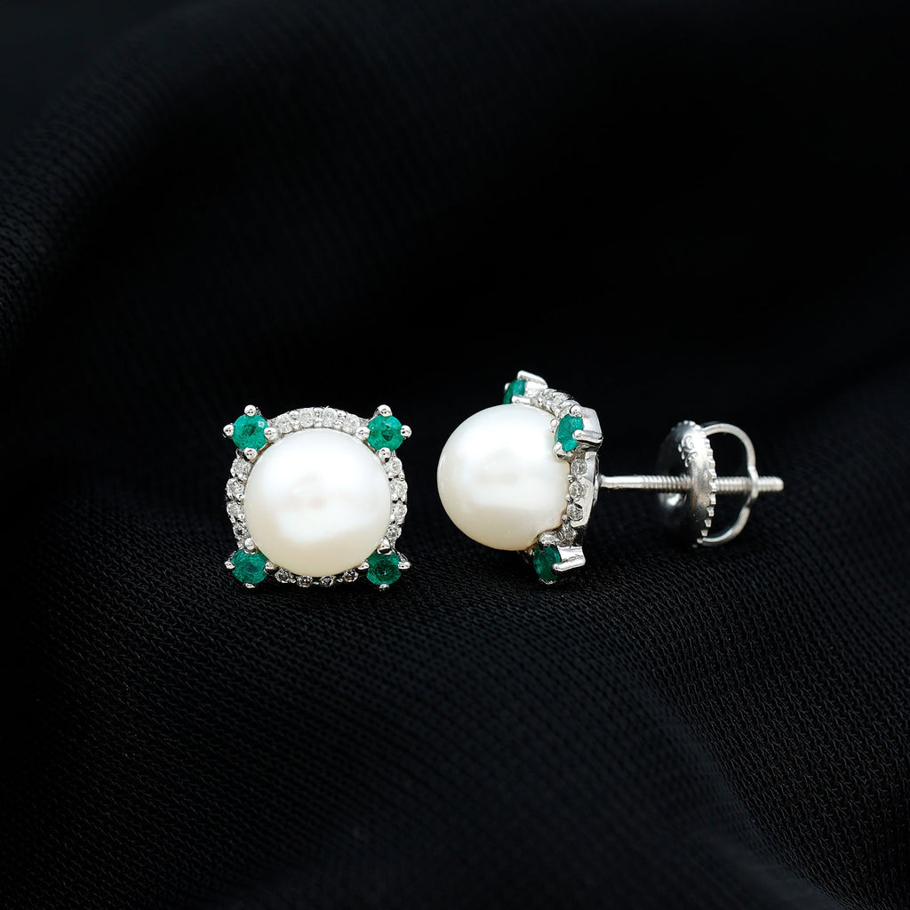 Freshwater Pearl Bridal Stud Earrings with Emerald