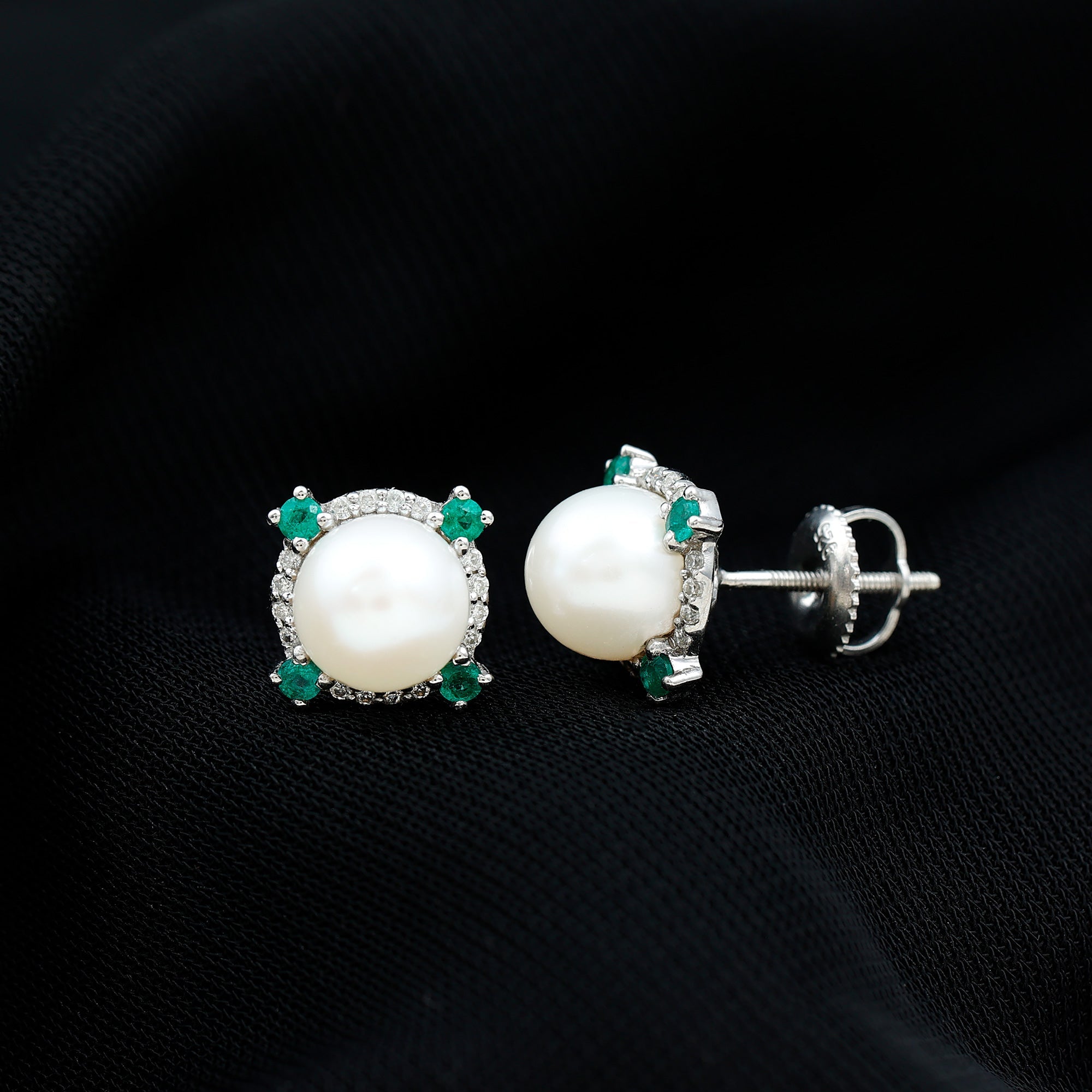 Freshwater Pearl Bridal Stud Earrings with Emerald