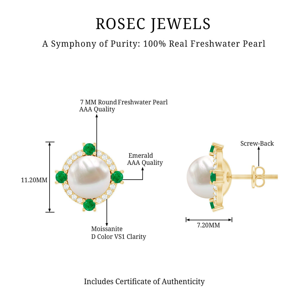 Freshwater Pearl Bridal Stud Earrings with Emerald
