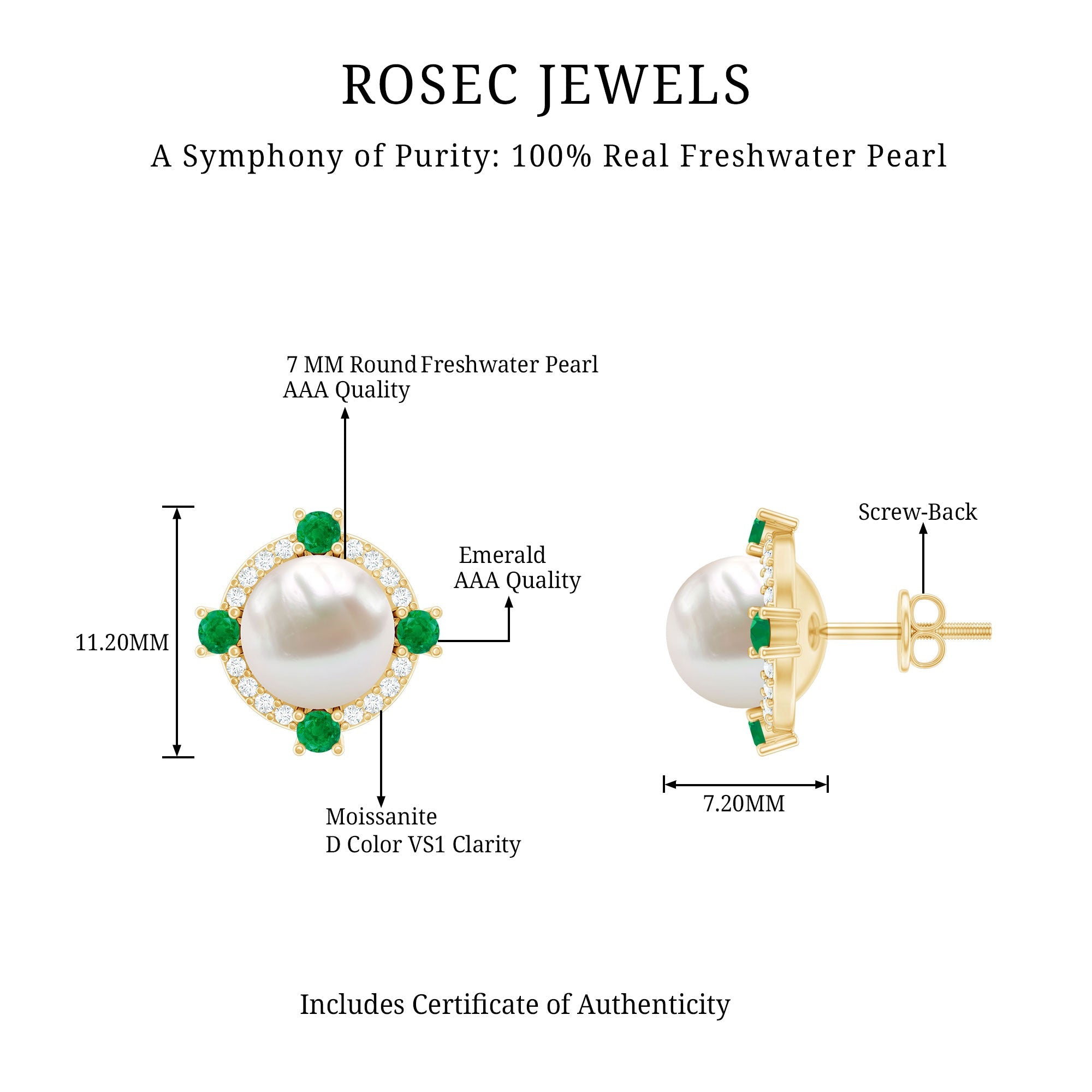 Freshwater Pearl Bridal Stud Earrings with Emerald