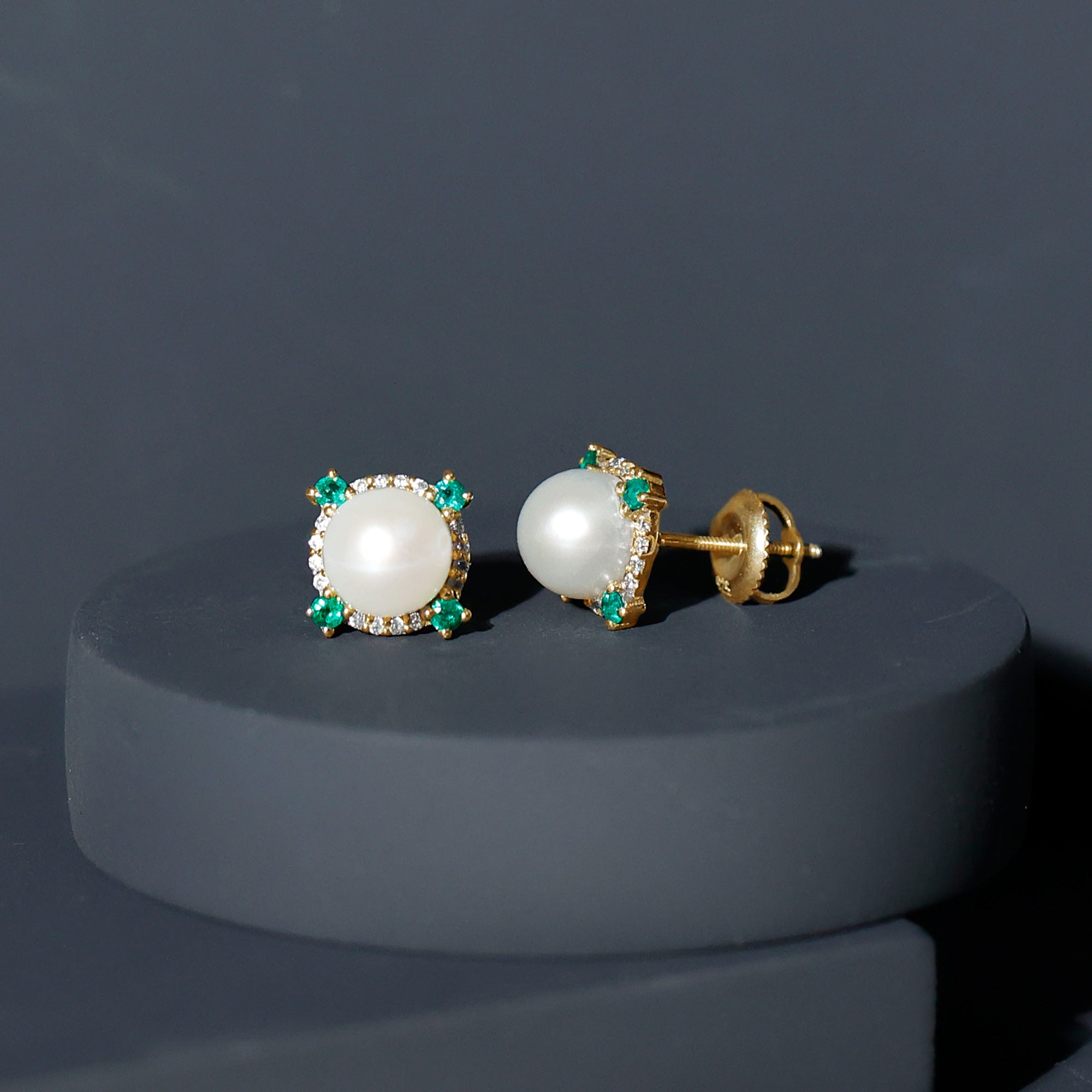 Freshwater Pearl Bridal Stud Earrings with Emerald