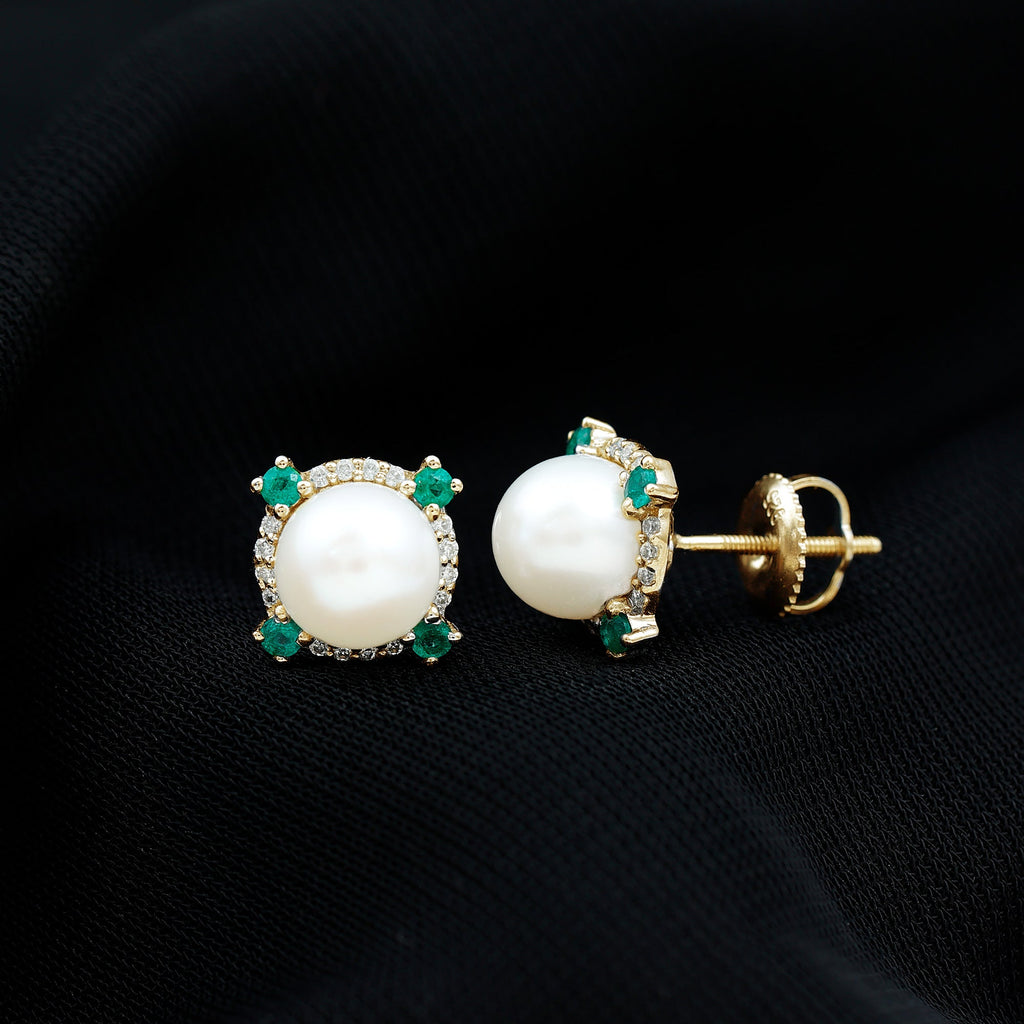 Freshwater Pearl Bridal Stud Earrings with Emerald