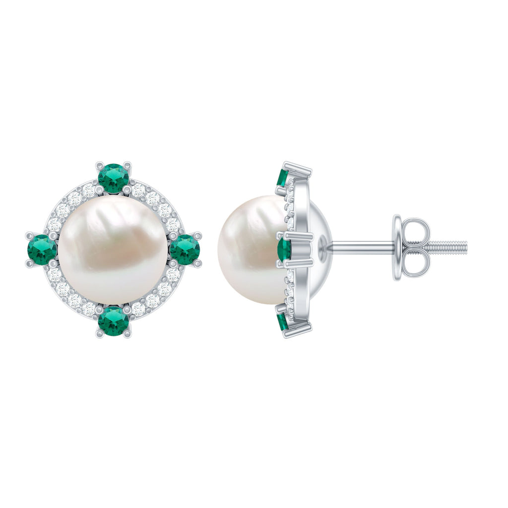 6 Carat Pearl Stud Earrings with Created Emerald and Diamond Halo