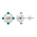 6 Carat Pearl Stud Earrings with Created Emerald and Diamond Halo