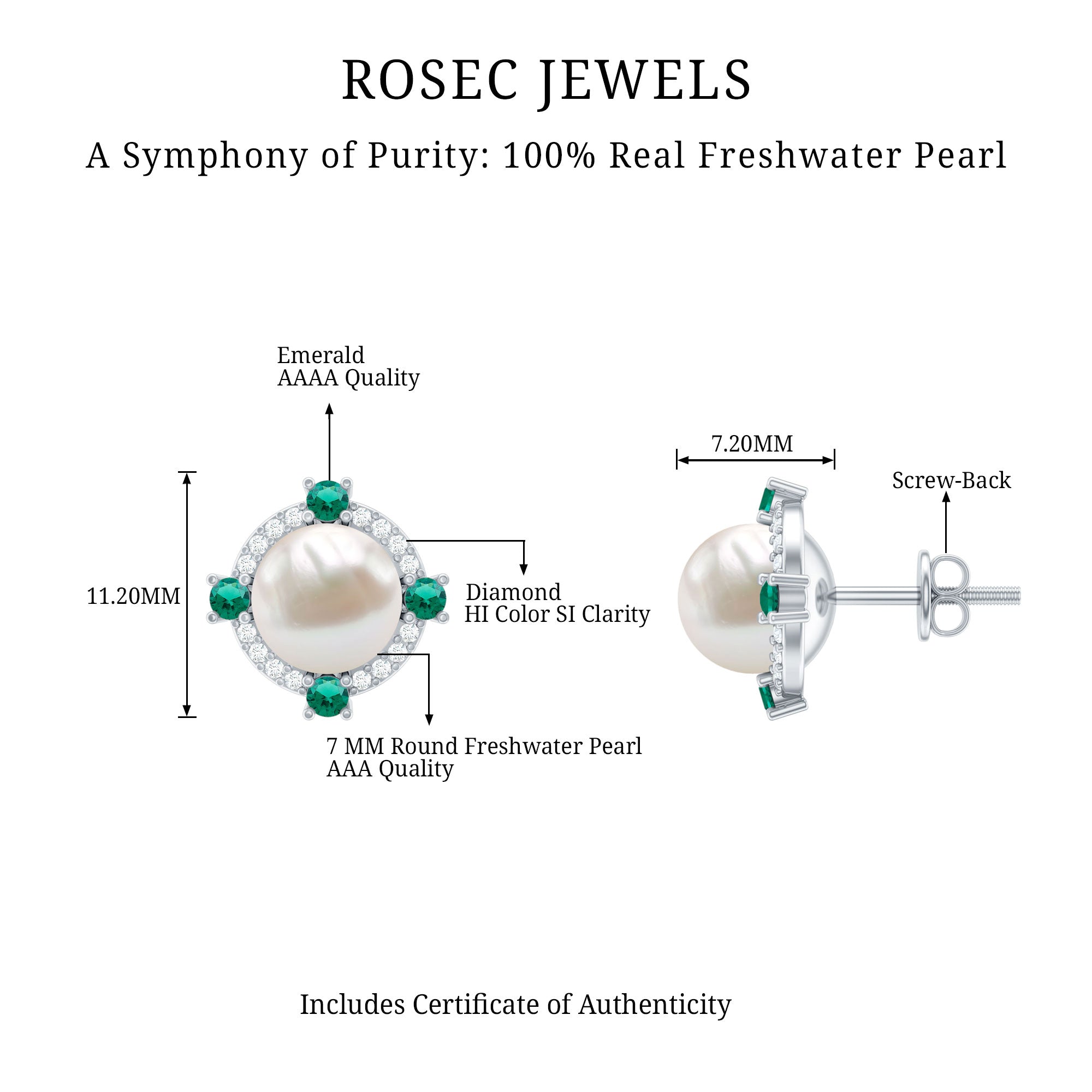 6 Carat Pearl Stud Earrings with Created Emerald and Diamond Halo